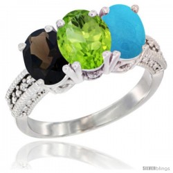 14K White Gold Natural Smoky Topaz, Peridot & Turquoise Ring 3-Stone 7x5 mm Oval Diamond Accent