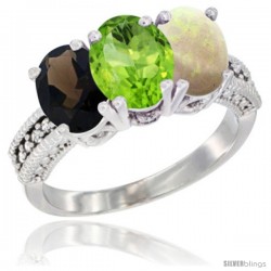 14K White Gold Natural Smoky Topaz, Peridot & Opal Ring 3-Stone 7x5 mm Oval Diamond Accent