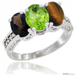 14K White Gold Natural Smoky Topaz, Peridot & Tiger Eye Ring 3-Stone 7x5 mm Oval Diamond Accent