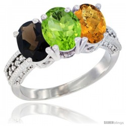 14K White Gold Natural Smoky Topaz, Peridot & Whisky Quartz Ring 3-Stone 7x5 mm Oval Diamond Accent