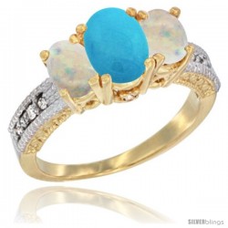 14k Yellow Gold Ladies Oval Natural Turquoise 3-Stone Ring with Opal Sides Diamond Accent