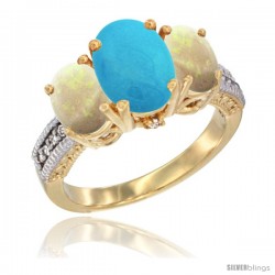 14K Yellow Gold Ladies 3-Stone Oval Natural Turquoise Ring with Opal Sides Diamond Accent