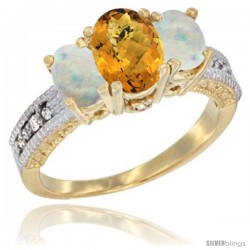 14k Yellow Gold Ladies Oval Natural Whisky Quartz 3-Stone Ring with Opal Sides Diamond Accent