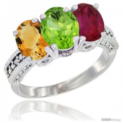 10K White Gold Natural Citrine, Peridot & Ruby Ring 3-Stone Oval 7x5 mm Diamond Accent