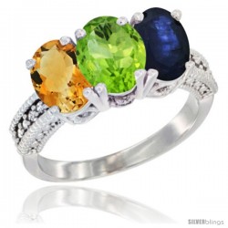 10K White Gold Natural Citrine, Peridot & Blue Sapphire Ring 3-Stone Oval 7x5 mm Diamond Accent