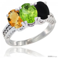 10K White Gold Natural Citrine, Peridot & Black Onyx Ring 3-Stone Oval 7x5 mm Diamond Accent