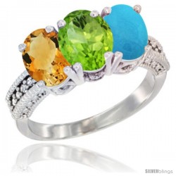 10K White Gold Natural Citrine, Peridot & Turquoise Ring 3-Stone Oval 7x5 mm Diamond Accent