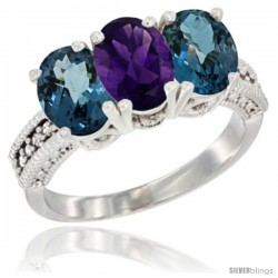 10K White Gold Natural Amethyst & London Blue Topaz Sides Ring 3-Stone Oval 7x5 mm Diamond Accent