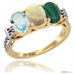 10K Yellow Gold Natural Aquamarine, Opal & Malachite Ring 3-Stone Oval 7x5 mm Diamond Accent