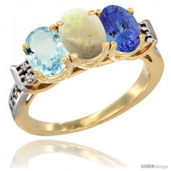 10K Yellow Gold Natural Aquamarine, Opal & Tanzanite Ring 3-Stone Oval 7x5 mm Diamond Accent