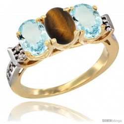 10K Yellow Gold Natural Tiger Eye & Aquamarine Sides Ring 3-Stone Oval 7x5 mm Diamond Accent