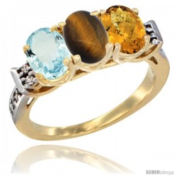 10K Yellow Gold Natural Aquamarine, Tiger Eye & Whisky Quartz Ring 3-Stone Oval 7x5 mm Diamond Accent