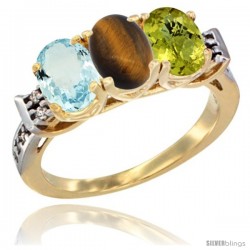 10K Yellow Gold Natural Aquamarine, Tiger Eye & Lemon Quartz Ring 3-Stone Oval 7x5 mm Diamond Accent