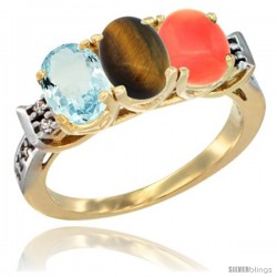 10K Yellow Gold Natural Aquamarine, Tiger Eye & Coral Ring 3-Stone Oval 7x5 mm Diamond Accent