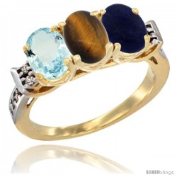 10K Yellow Gold Natural Aquamarine, Tiger Eye & Lapis Ring 3-Stone Oval 7x5 mm Diamond Accent