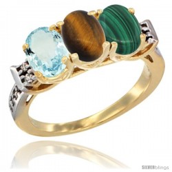 10K Yellow Gold Natural Aquamarine, Tiger Eye & Malachite Ring 3-Stone Oval 7x5 mm Diamond Accent