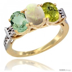 10K Yellow Gold Natural Green Amethyst, Opal & Lemon Quartz Ring 3-Stone Oval 7x5 mm Diamond Accent