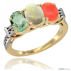 10K Yellow Gold Natural Green Amethyst, Opal & Coral Ring 3-Stone Oval 7x5 mm Diamond Accent