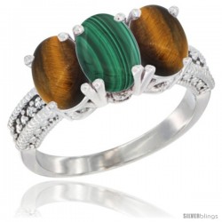 14K White Gold Natural Malachite & Tiger Eye Sides Ring 3-Stone 7x5 mm Oval Diamond Accent