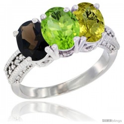 14K White Gold Natural Smoky Topaz, Peridot & Lemon Quartz Ring 3-Stone 7x5 mm Oval Diamond Accent