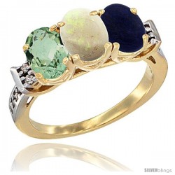 10K Yellow Gold Natural Green Amethyst, Opal & Lapis Ring 3-Stone Oval 7x5 mm Diamond Accent