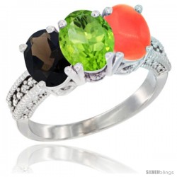 14K White Gold Natural Smoky Topaz, Peridot & Coral Ring 3-Stone 7x5 mm Oval Diamond Accent