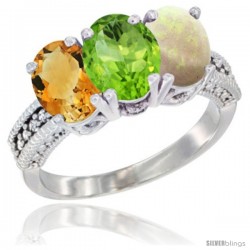 10K White Gold Natural Citrine, Peridot & Opal Ring 3-Stone Oval 7x5 mm Diamond Accent