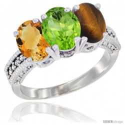 10K White Gold Natural Citrine, Peridot & Tiger Eye Ring 3-Stone Oval 7x5 mm Diamond Accent