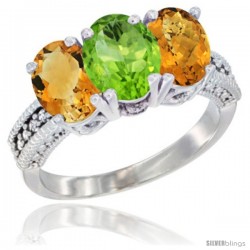 10K White Gold Natural Citrine, Peridot & Whisky Quartz Ring 3-Stone Oval 7x5 mm Diamond Accent