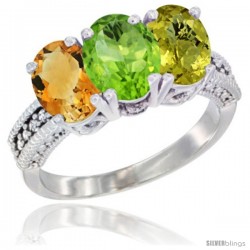 10K White Gold Natural Citrine, Peridot & Lemon Quartz Ring 3-Stone Oval 7x5 mm Diamond Accent