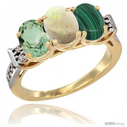 10K Yellow Gold Natural Green Amethyst, Opal & Malachite Ring 3-Stone Oval 7x5 mm Diamond Accent