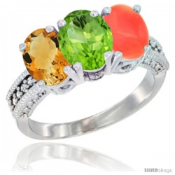 10K White Gold Natural Citrine, Peridot & Coral Ring 3-Stone Oval 7x5 mm Diamond Accent