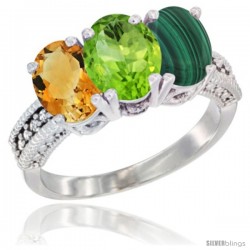 10K White Gold Natural Citrine, Peridot & Malachite Ring 3-Stone Oval 7x5 mm Diamond Accent