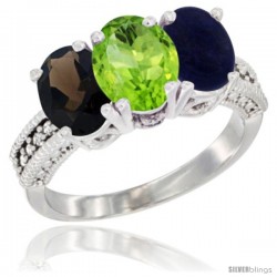 14K White Gold Natural Smoky Topaz, Peridot & Lapis Ring 3-Stone 7x5 mm Oval Diamond Accent