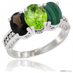 14K White Gold Natural Smoky Topaz, Peridot & Malachite Ring 3-Stone 7x5 mm Oval Diamond Accent