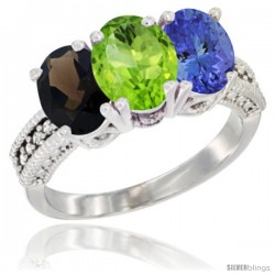 14K White Gold Natural Smoky Topaz, Peridot & Tanzanite Ring 3-Stone 7x5 mm Oval Diamond Accent