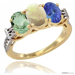 10K Yellow Gold Natural Green Amethyst, Opal & Tanzanite Ring 3-Stone Oval 7x5 mm Diamond Accent