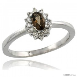 14k White Gold Diamond Halo Smoky Topaz Ring 0.25 ct Oval Stone 5x3 mm, 5/16 in wide