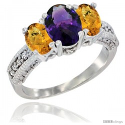 14k White Gold Ladies Oval Natural Amethyst 3-Stone Ring with Whisky Quartz Sides Diamond Accent