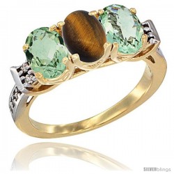 10K Yellow Gold Natural Tiger Eye & Green Amethyst Sides Ring 3-Stone Oval 7x5 mm Diamond Accent