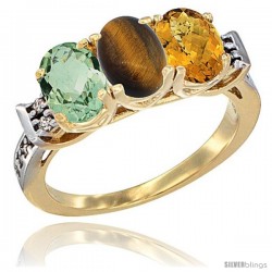 10K Yellow Gold Natural Green Amethyst, Tiger Eye & Whisky Quartz Ring 3-Stone Oval 7x5 mm Diamond Accent