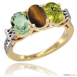 10K Yellow Gold Natural Green Amethyst, Tiger Eye & Lemon Quartz Ring 3-Stone Oval 7x5 mm Diamond Accent