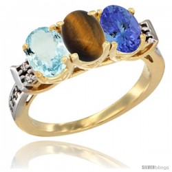 10K Yellow Gold Natural Aquamarine, Tiger Eye & Tanzanite Ring 3-Stone Oval 7x5 mm Diamond Accent