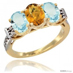 10K Yellow Gold Natural Whisky Quartz & Aquamarine Sides Ring 3-Stone Oval 7x5 mm Diamond Accent