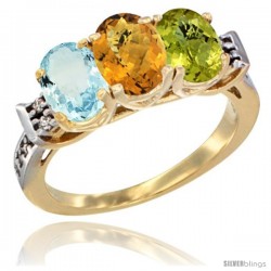 10K Yellow Gold Natural Aquamarine, Whisky Quartz & Lemon Quartz Ring 3-Stone Oval 7x5 mm Diamond Accent