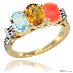 10K Yellow Gold Natural Aquamarine, Whisky Quartz & Coral Ring 3-Stone Oval 7x5 mm Diamond Accent