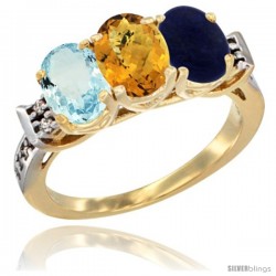 10K Yellow Gold Natural Aquamarine, Whisky Quartz & Lapis Ring 3-Stone Oval 7x5 mm Diamond Accent