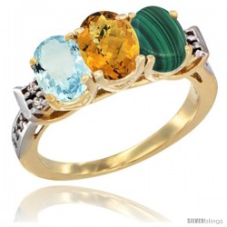 10K Yellow Gold Natural Aquamarine, Whisky Quartz & Malachite Ring 3-Stone Oval 7x5 mm Diamond Accent