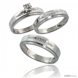 Sterling Silver 3-Piece Trio His (6mm) & Hers (5mm) Diamond Wedding Band Set, w/ 0.11 Carat Brilliant Cut Diamonds