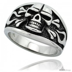 Surgical Steel Biker Cigar Band Ring w/ Skull & Flames 9/16 in long